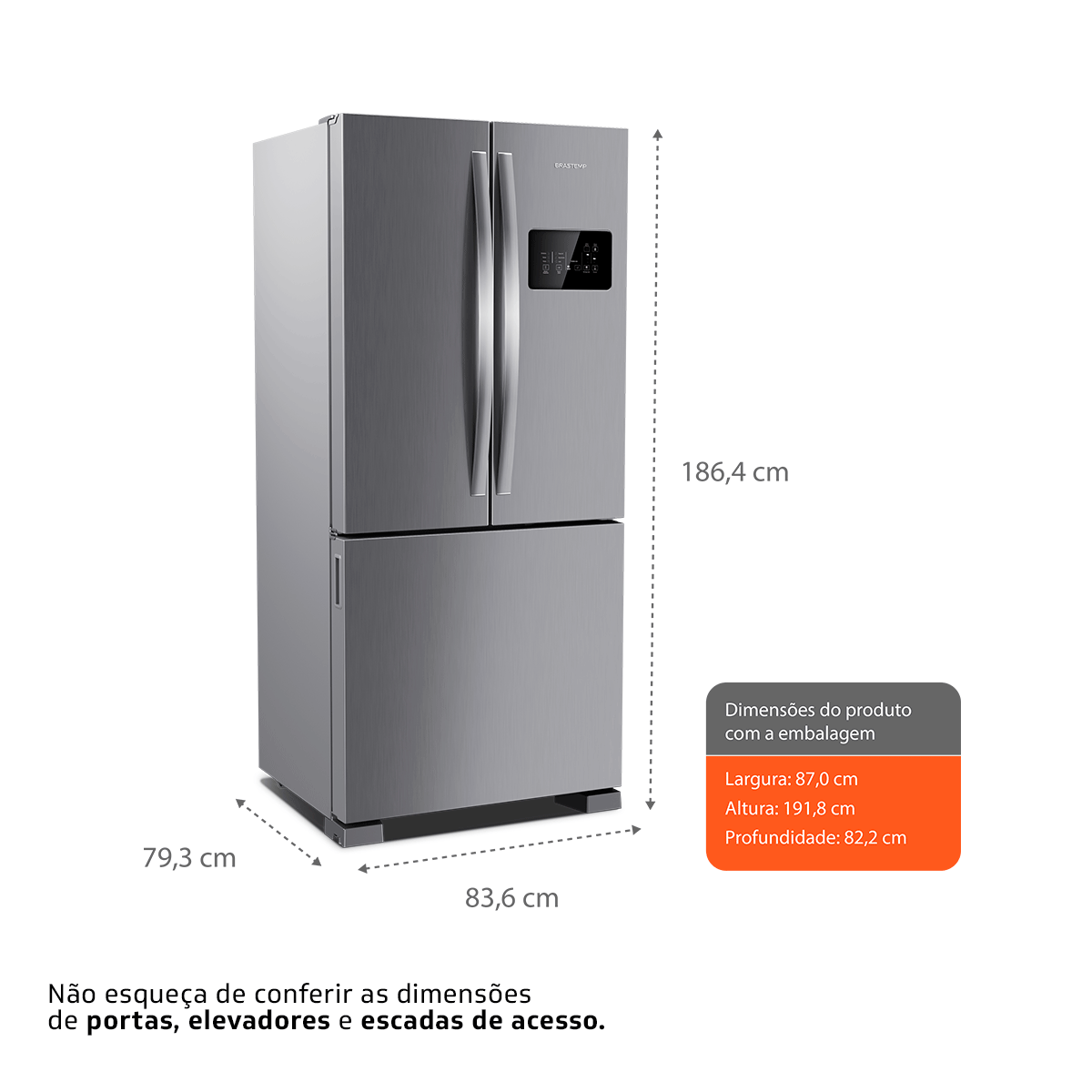 Refrigerador Brastemp 554L BRO85AK 3 Portas French Door Inverter Cor Inox 220V