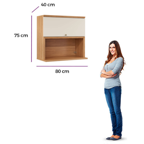 Armário Aéreo de Cozinha Selene Linea 100% MDF 1 Porta Basculante 1 Nicho 80cm Jequitibá e Off White