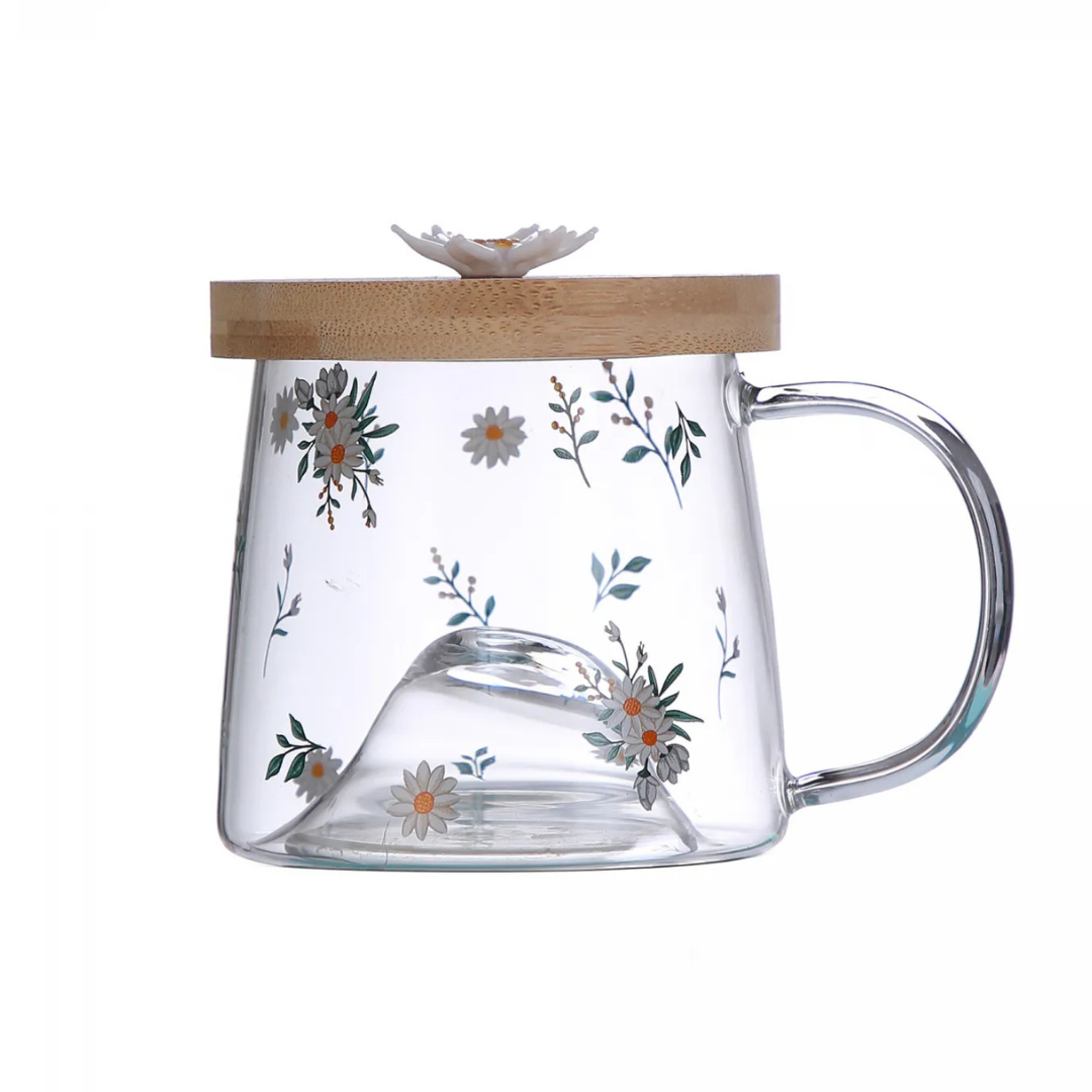 Caneca de Vidro Borossilicato Coliseu com Pires de Bambu Daisy 330ml