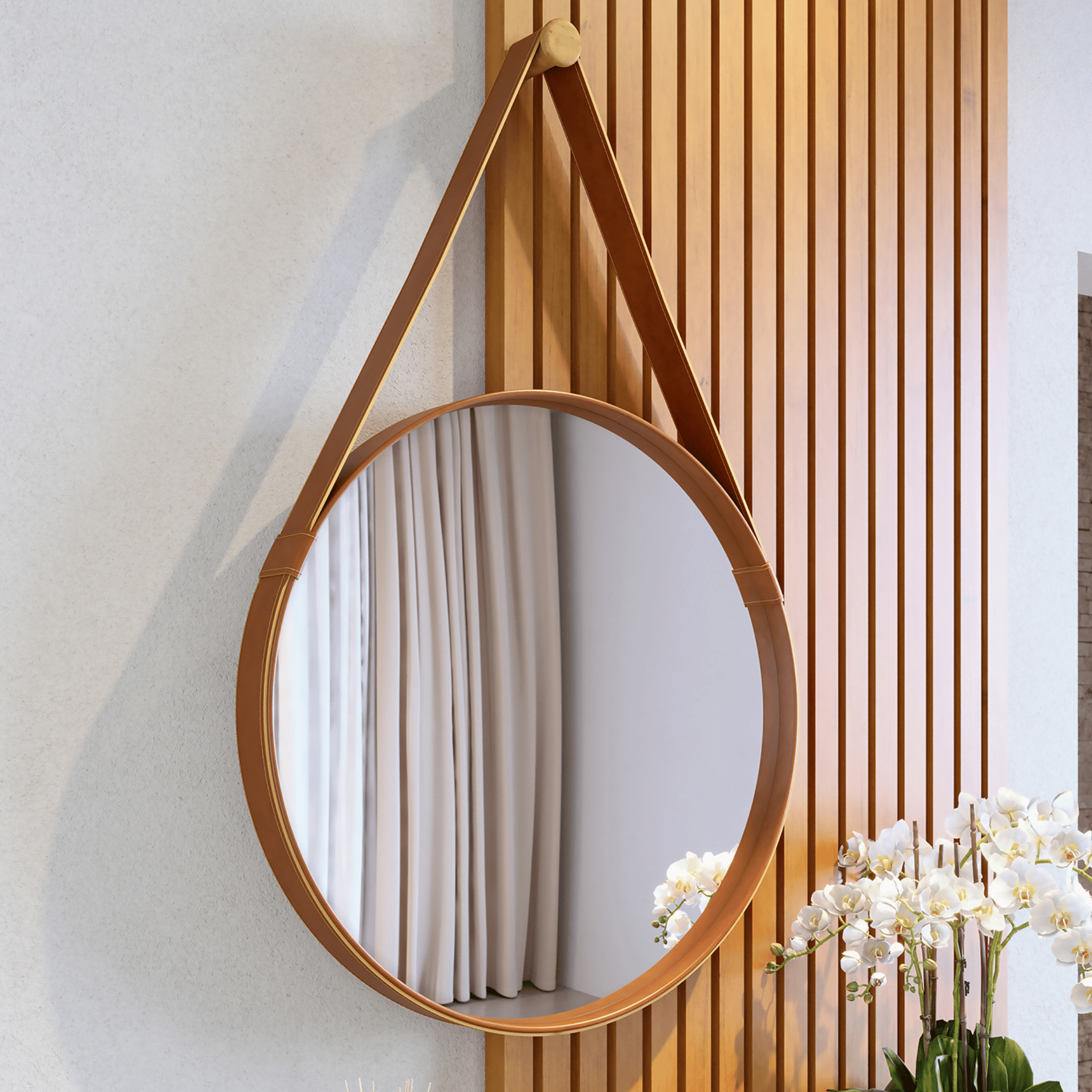 Espelho Redondo Aqua Imcal 60cm com Alça Couro Marrom