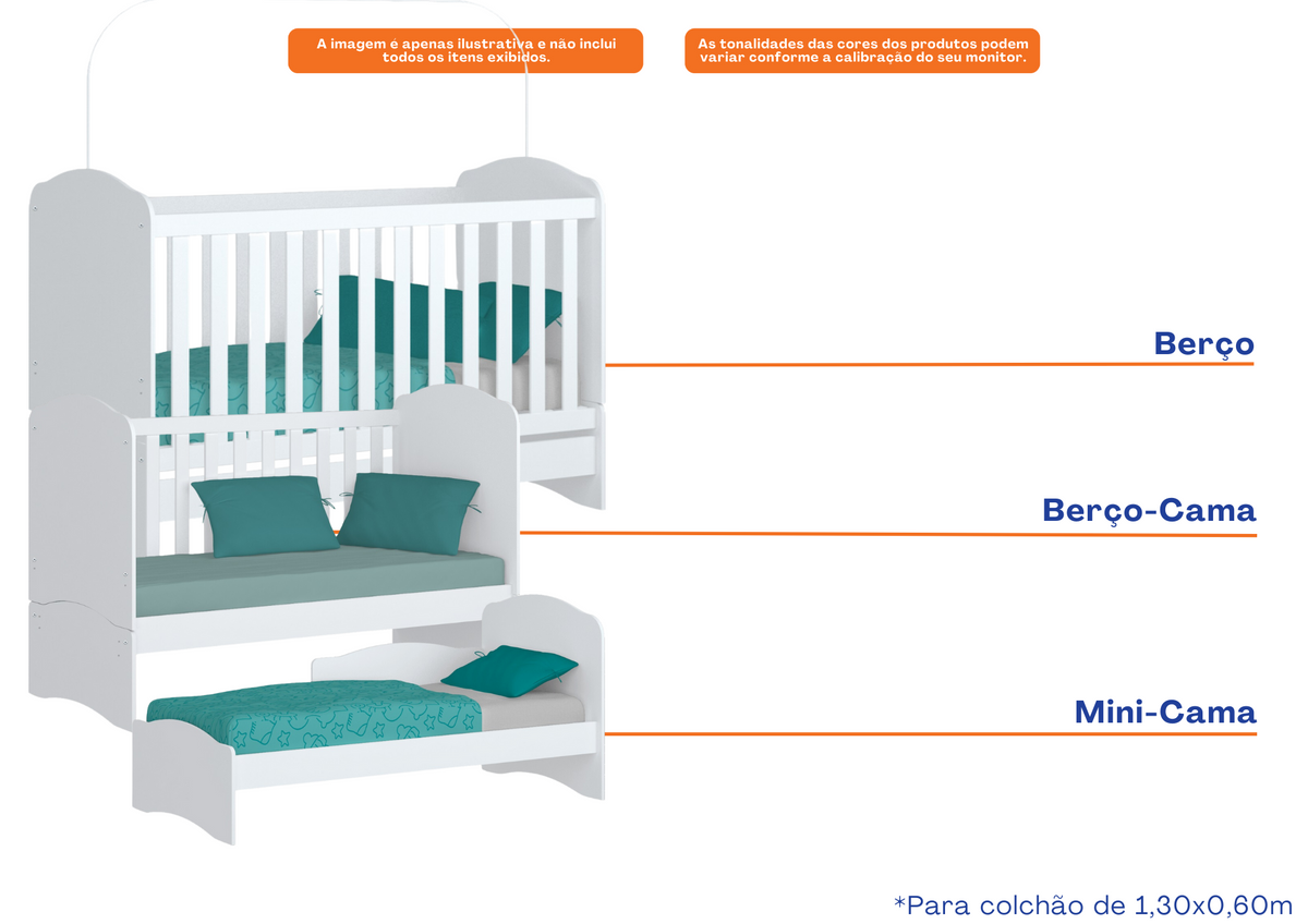 Berço Mini Cama Bala de Menta Henn 3 em 1 60cm Branco