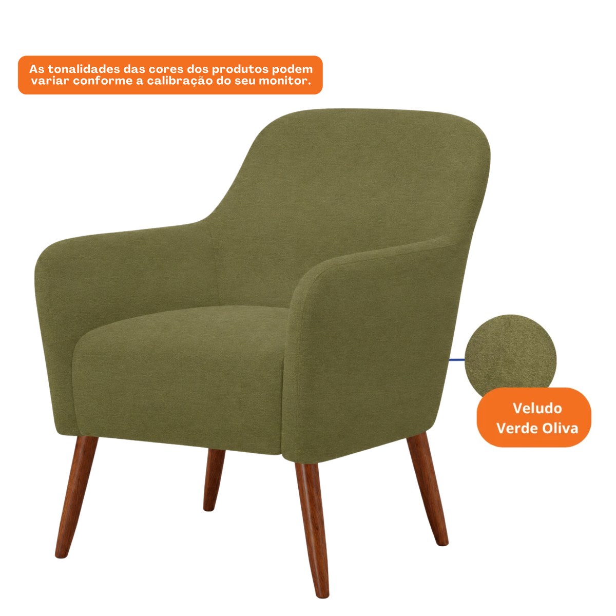 Poltrona La Paz 78cm Konfort Pés Palito Castanho Veludo Verde Oliva