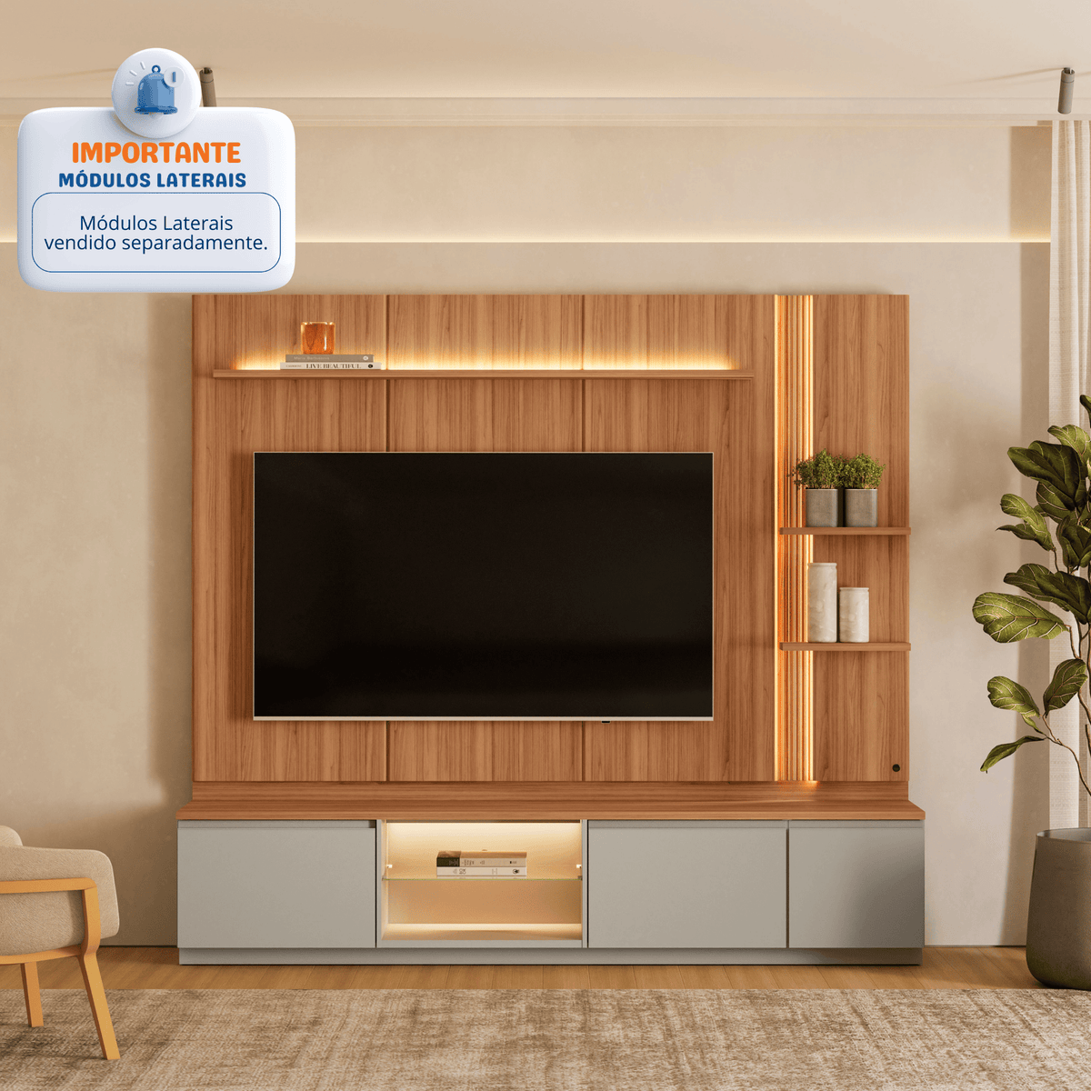 Rack com Painel Magnum Linea 200cm com Led Canela e Gris Fosco
