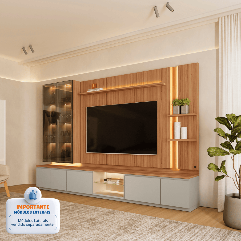 Rack com Painel Magnum Linea 200cm com Led Canela e Gris Fosco
