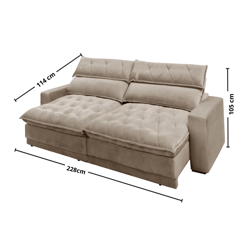 Sofá Albany 228cm Matielo 2 Assentos Retráteis com Encostos Reclináveis Veludo Castor