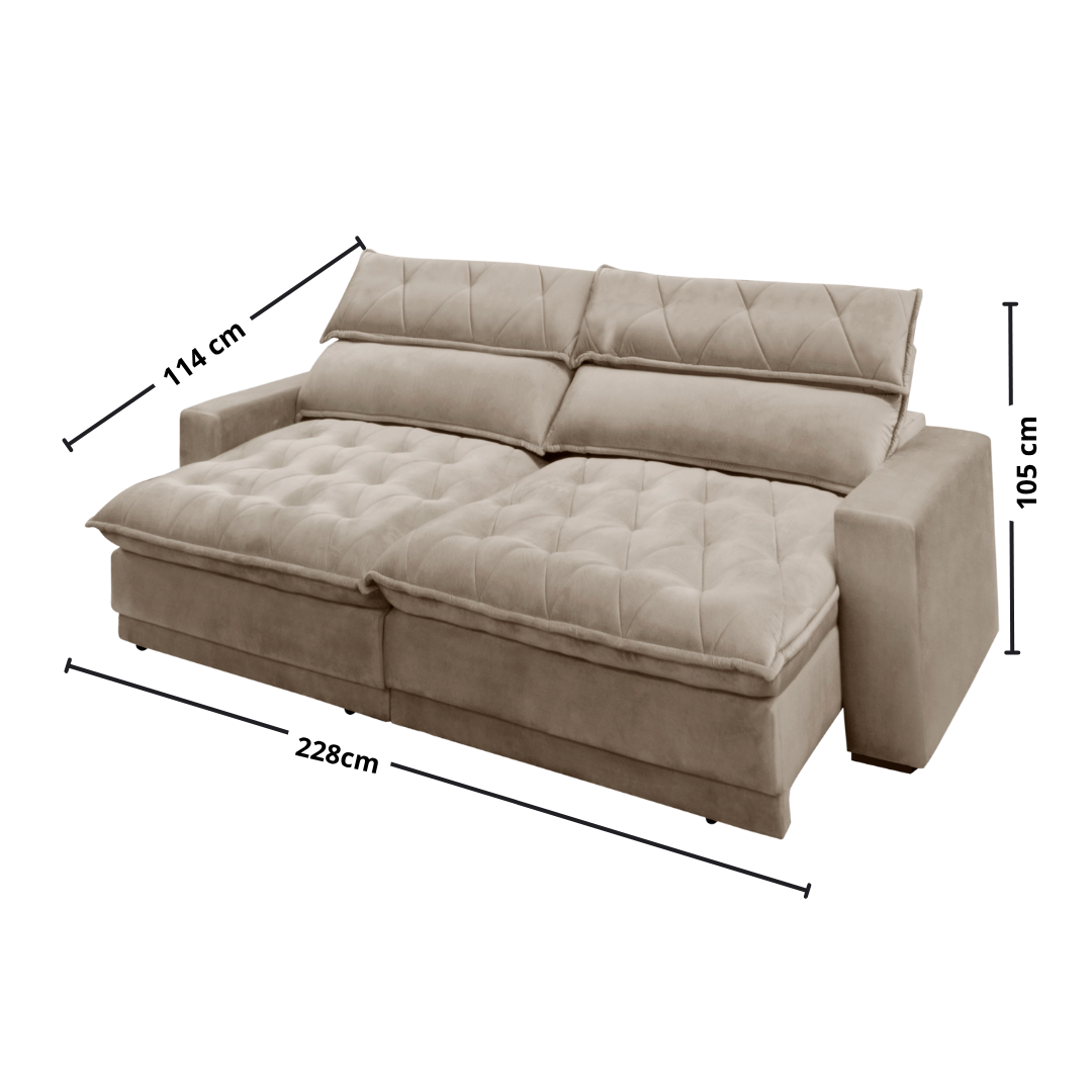 Sofá Albany 228cm Matielo 2 Assentos Retráteis com Encostos Reclináveis Veludo Castor