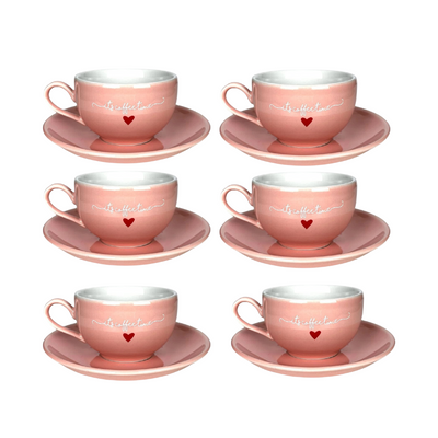 Jogo de Xícara Para Chá De Porcelana Com Pires  Etilux  L'amour 6 Peças  160 ml Rosa