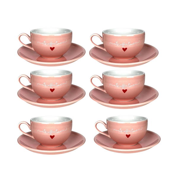 Jogo de Xícara Para Chá De Porcelana Com Pires  Etilux  L'amour 6 Peças  160 ml Rosa