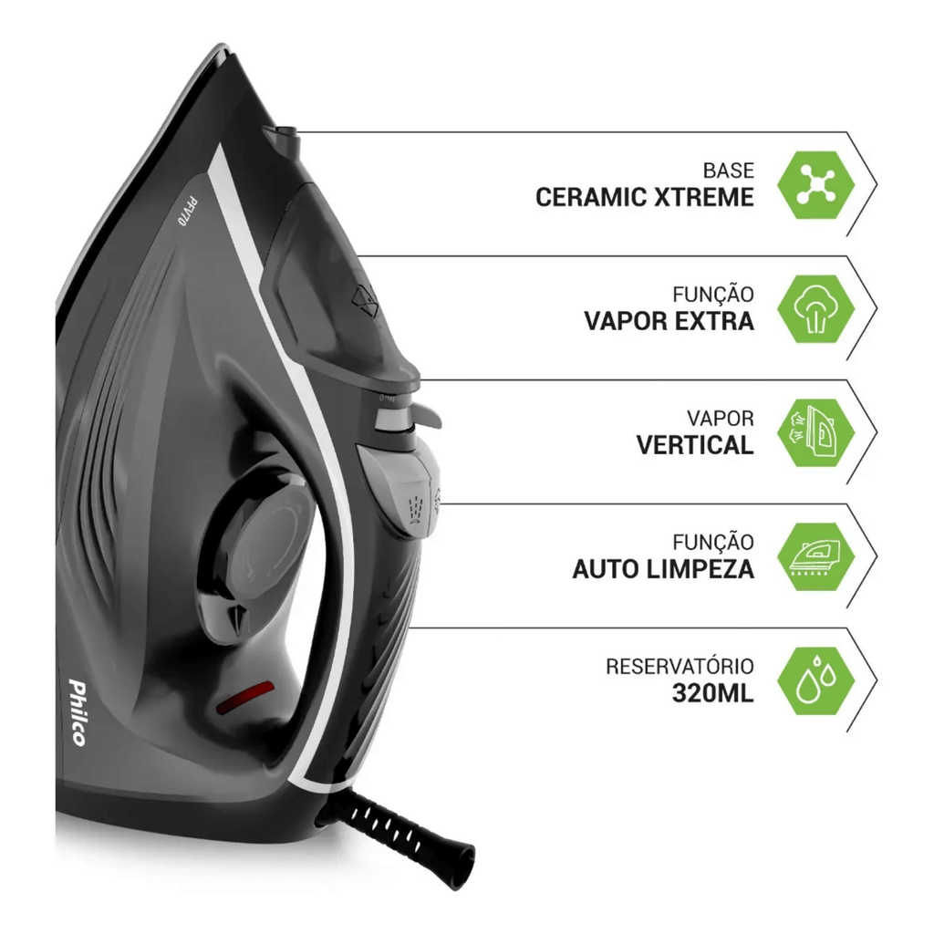 Ferro de Passar a Vapor Philco Base Ceramic Xtreme PFV70 Preto 220V