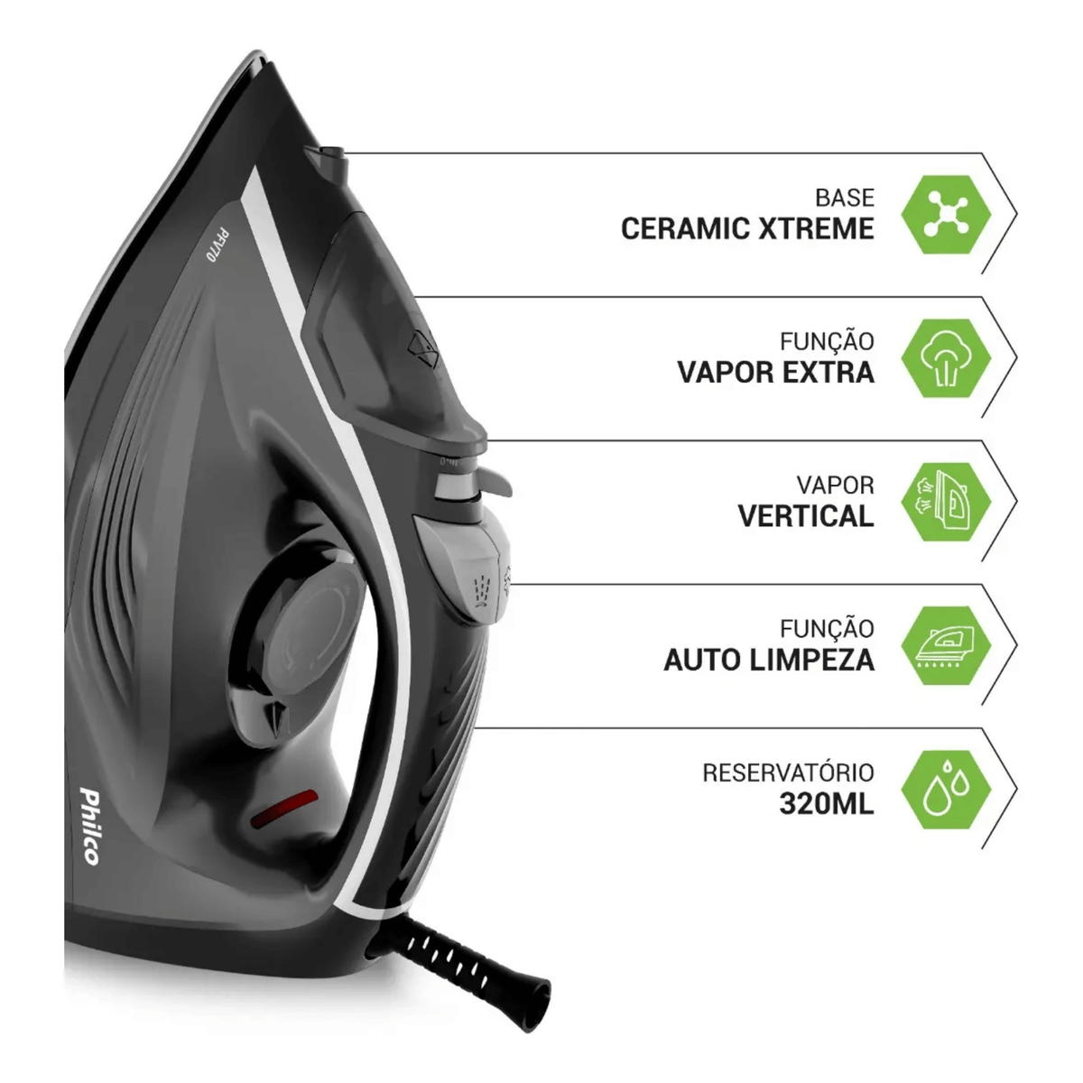 Ferro de Passar a Vapor Philco Base Ceramic Xtreme PFV70 Preto 220V
