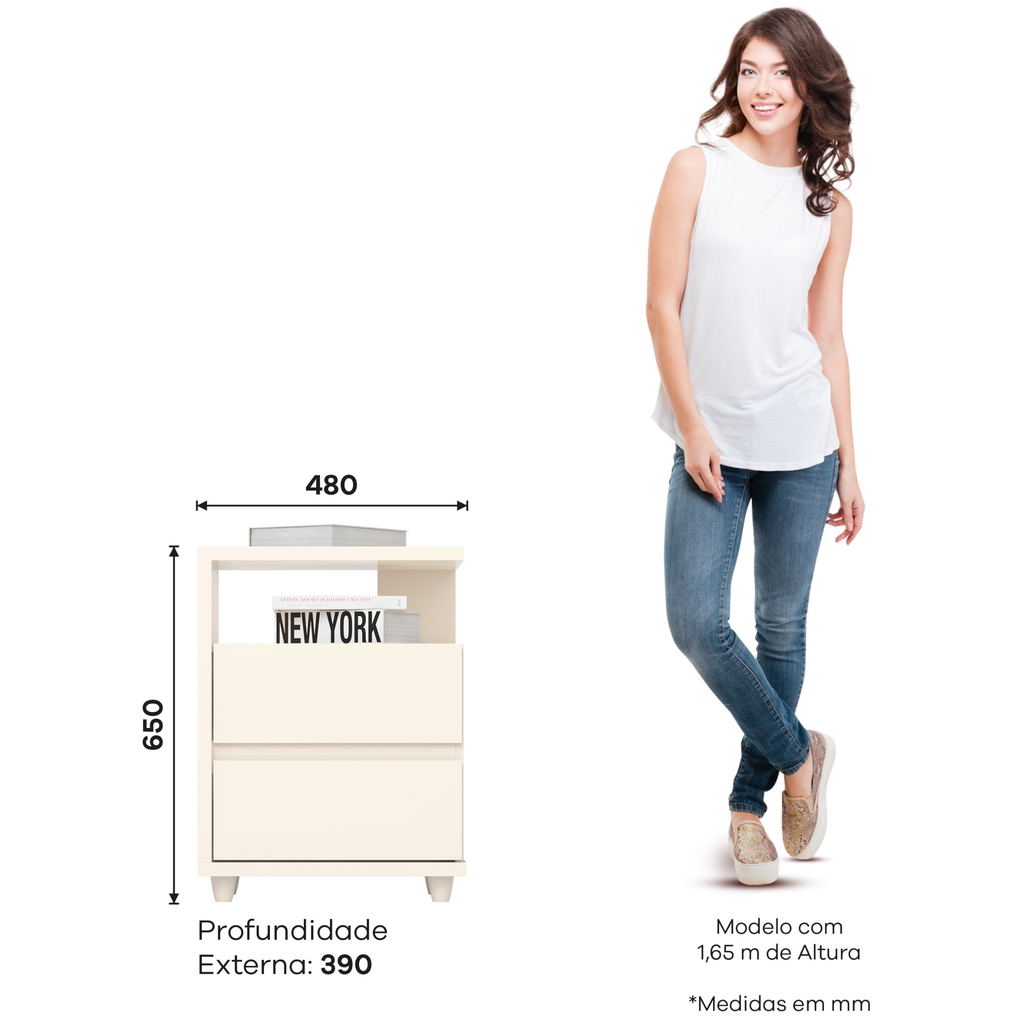 Mesa de Cabeceira Campeche Henn 2 Gavetas Off White