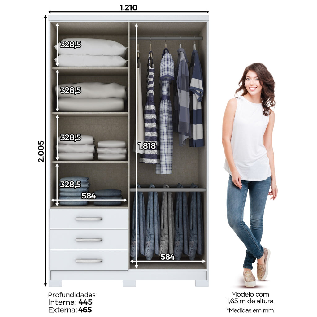 Roupeiro Caju Henn 121cm 4 Portas 3 Gavetas com Pé Branco