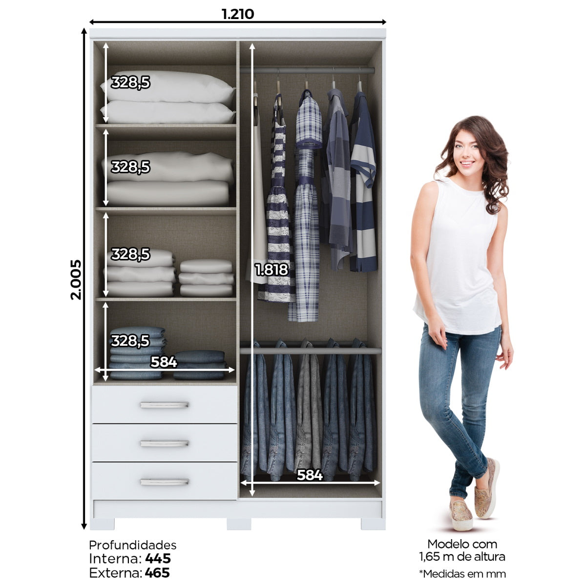 Roupeiro Caju Henn 121cm 4 Portas 3 Gavetas com Pé Branco