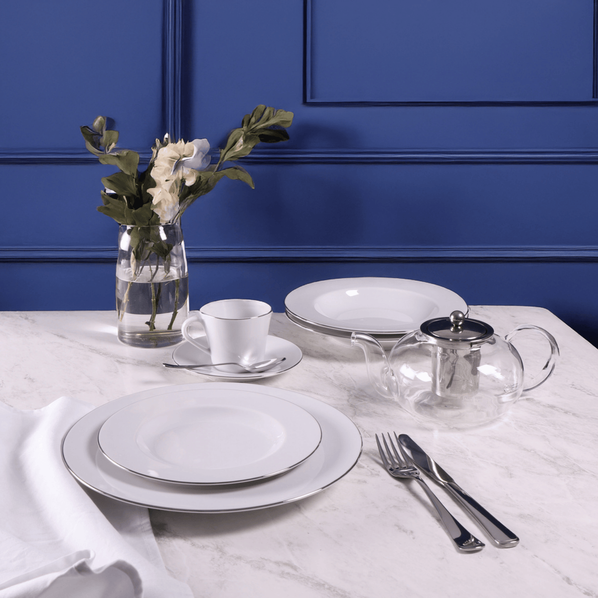 Aparelho de Jantar e Chá 30 Peças Joana em Porcelana Decorada Branca