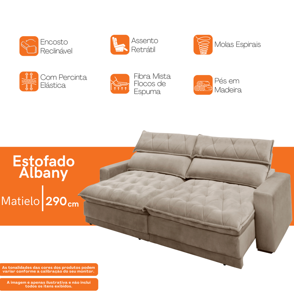 Sofá Albany 290cm Matielo 2 Assentos Retráteis com Encostos Reclináveis Veludo Castor