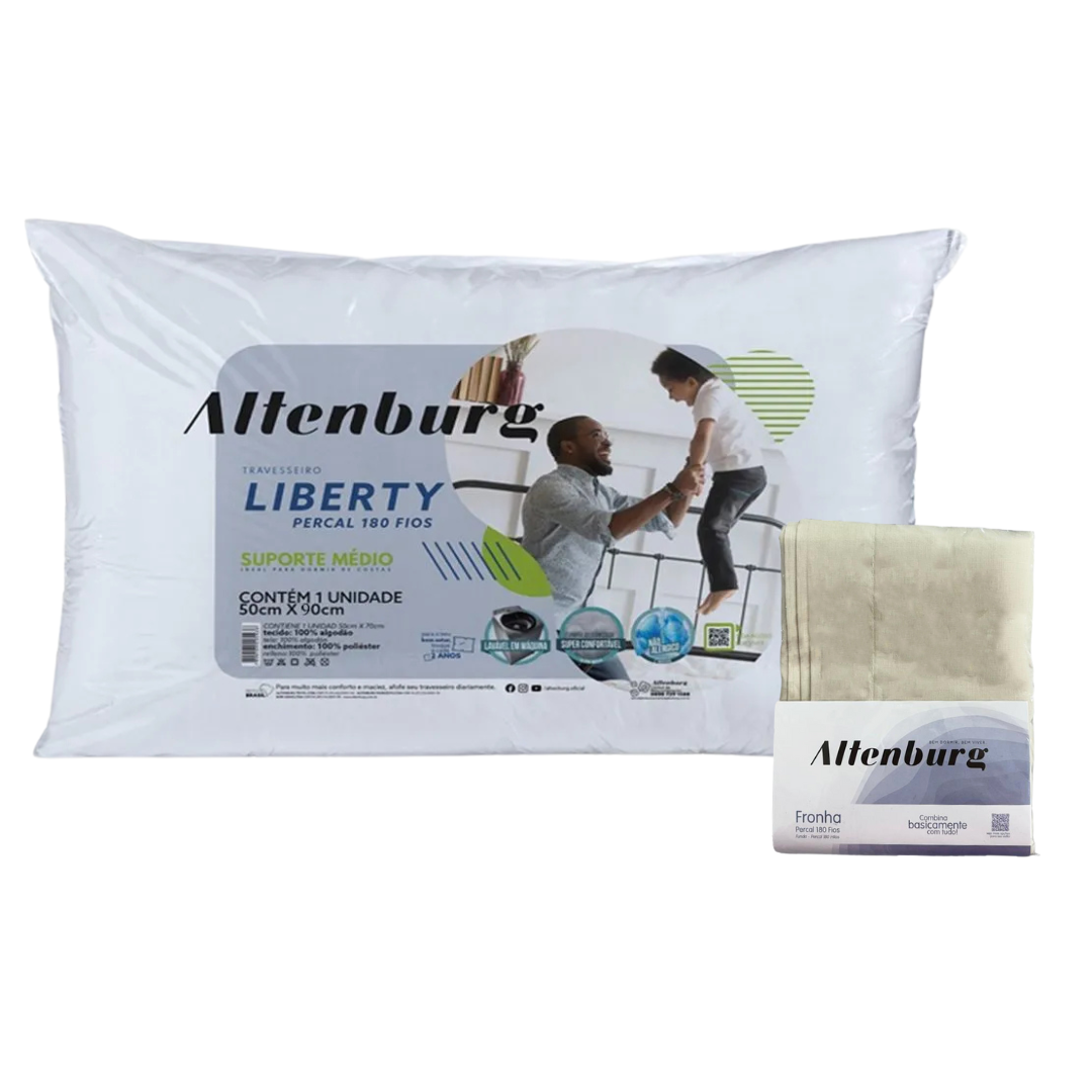 Kit Altenburg Travesseiro Liberty 50x90cm + Fronha Percal 180 Fios 50x90cm Bege