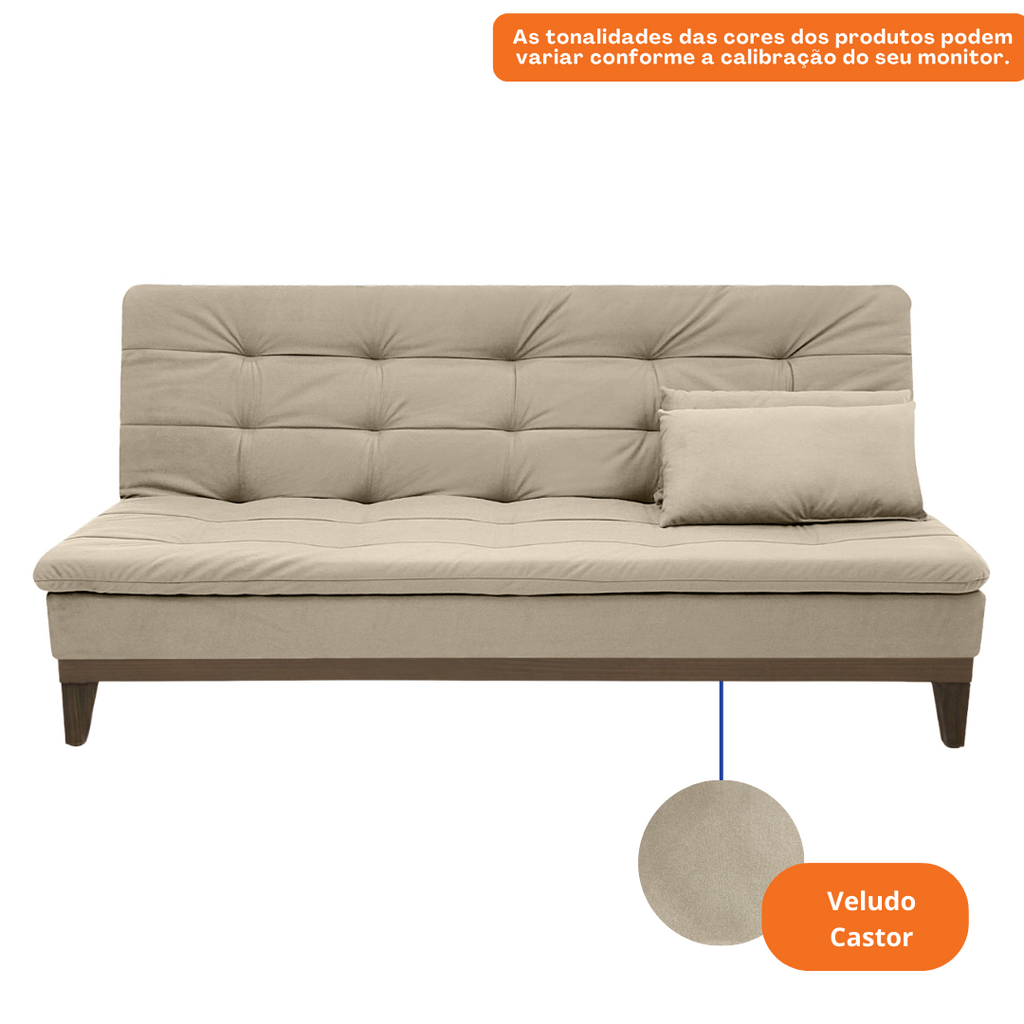 Sofá Cama Melissa 190cm Linoforte Pés em Madeira Veludo Castor