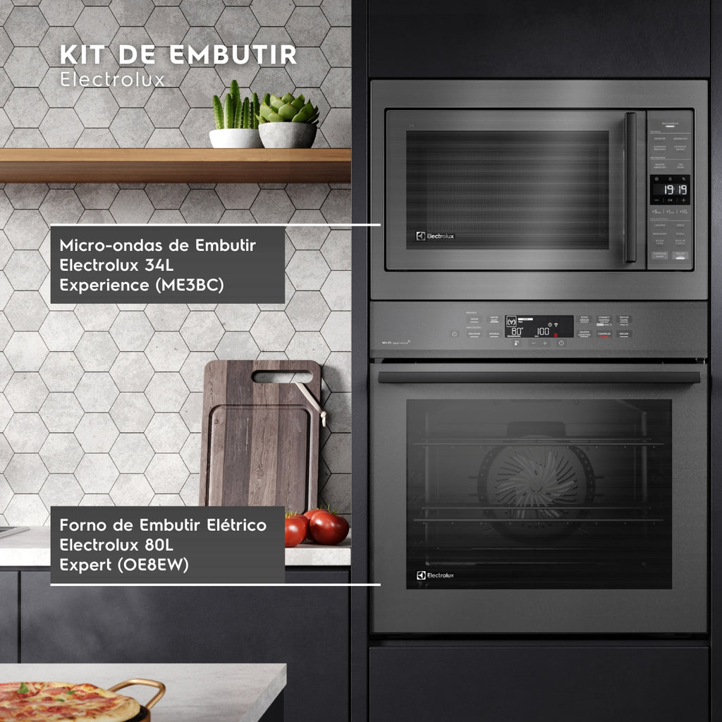 Kit Electrolux de Embutir Forno Elétrico OE8EW 80L com VaporBake+Micro-ondas 34L ME3BC Experience 220V