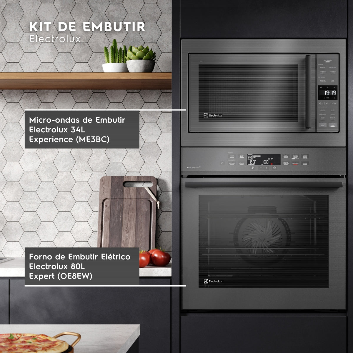 Kit Electrolux de Embutir Forno Elétrico OE8EW 80L com VaporBake+Micro-ondas 34L ME3BC Experience 220V