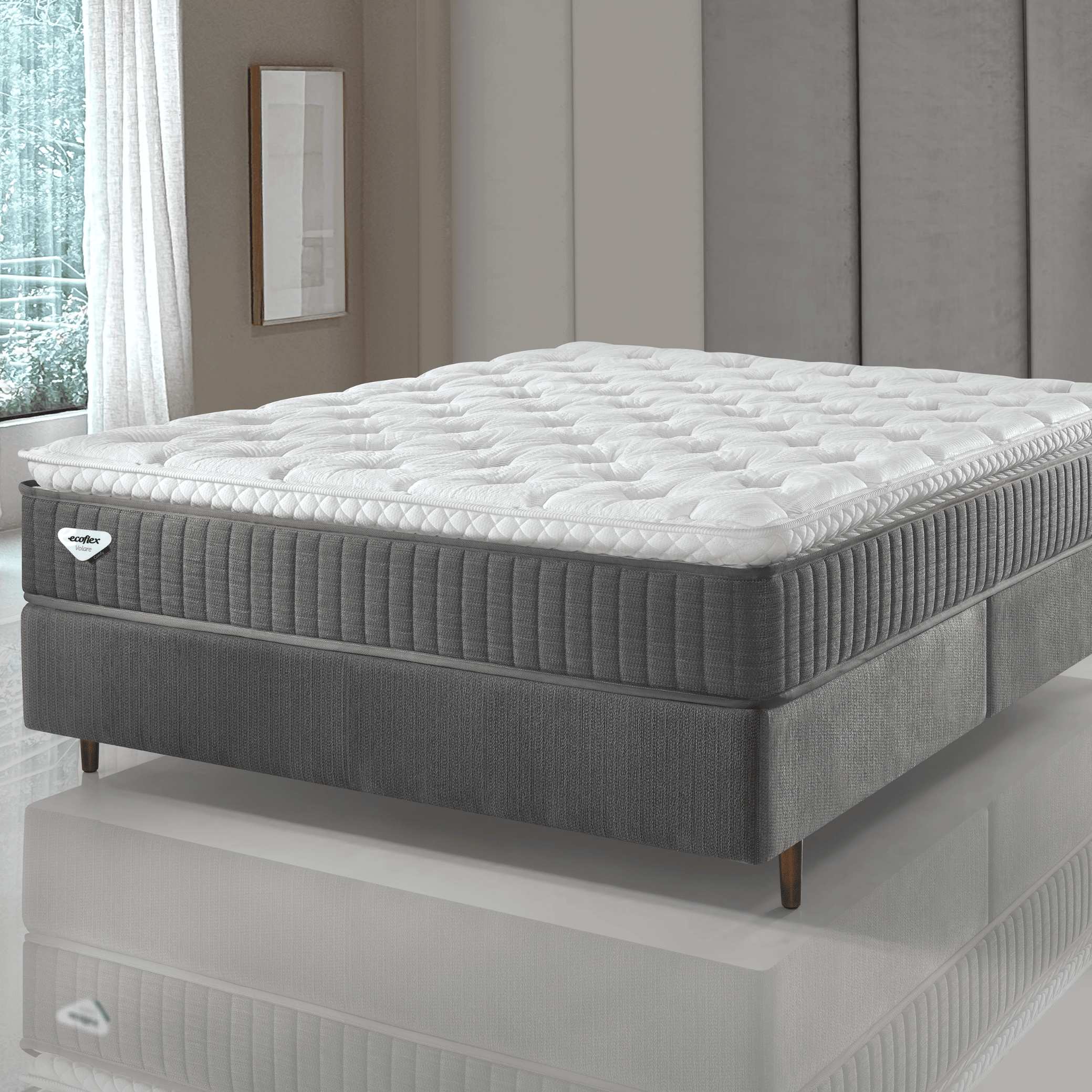 Conjunto Cama Box Comfy Queen Ecoflex 158x198x76cm Molas Ensacadas Grafite