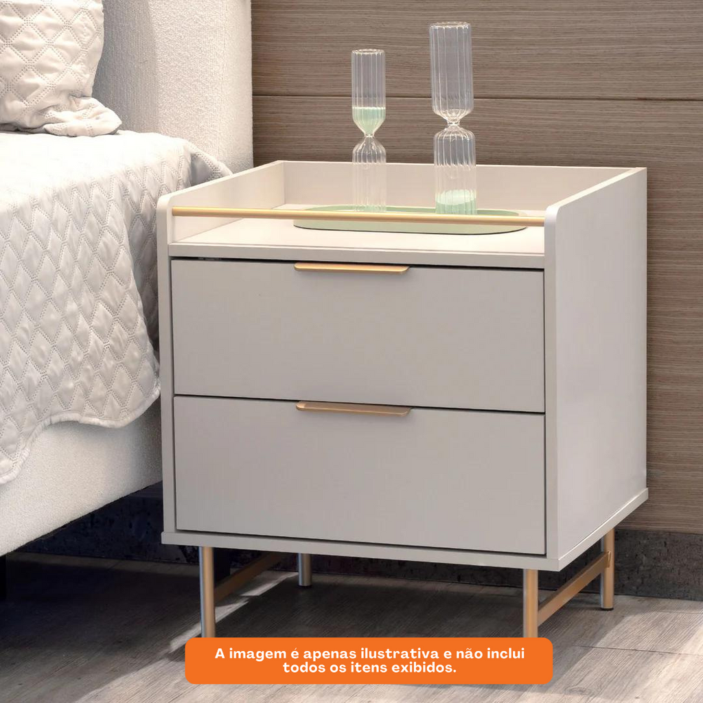 Mesa de Cabeceira Yves Província 2 Gavetas Off White com Dourado