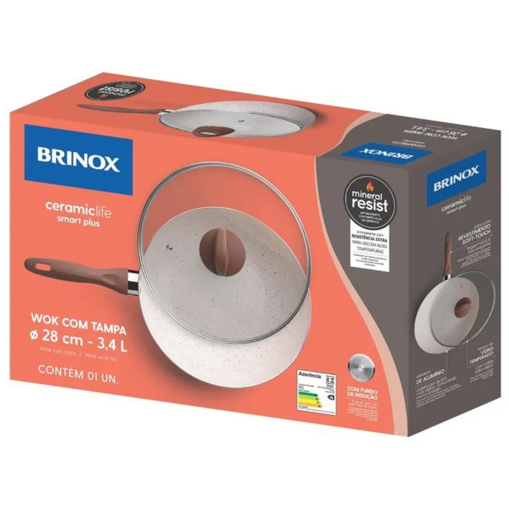 Frigideira Wok Ceramic Life Brinox Indução 3,4L Granada Vanilla
