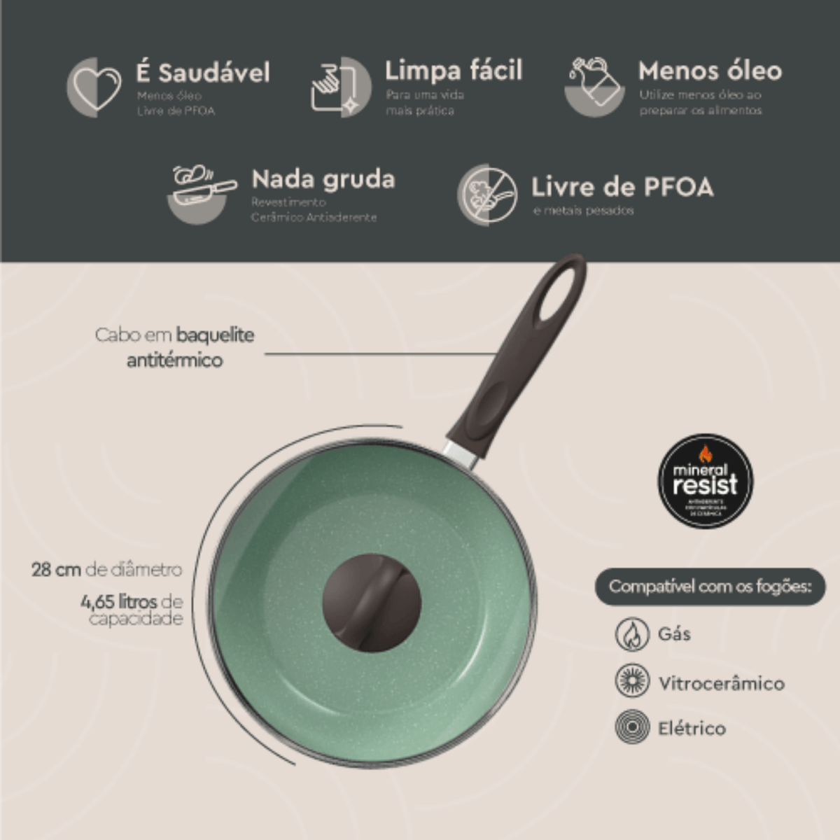 Frigideira Wok Ceramic Life Brinox Suprema 4,65 Litros Vanilla