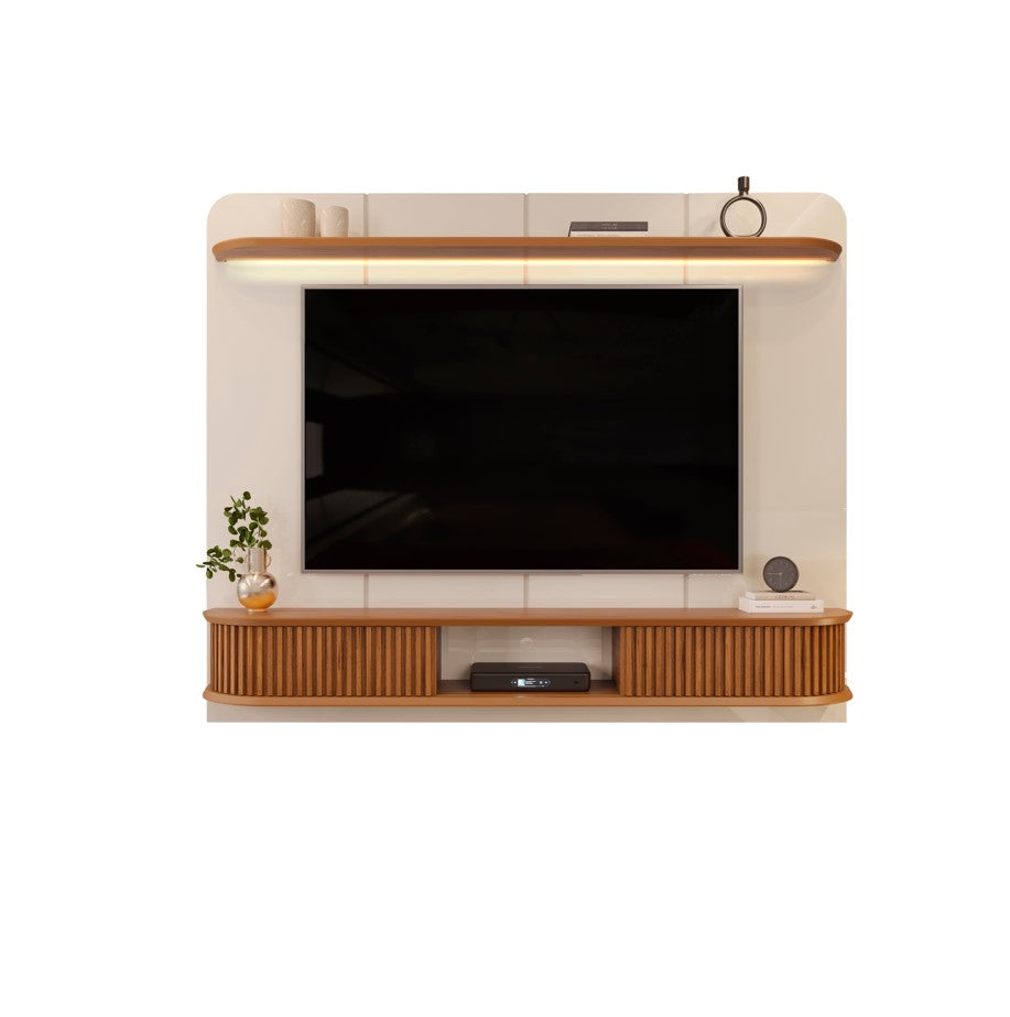 Painel Capri com Led 215cm DJ Móveis Off White e Freijó