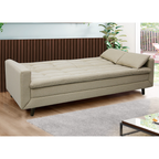 Sofá Cama New Jully 208cm Linoforte com Braços Pés em Madeira Linho Bege