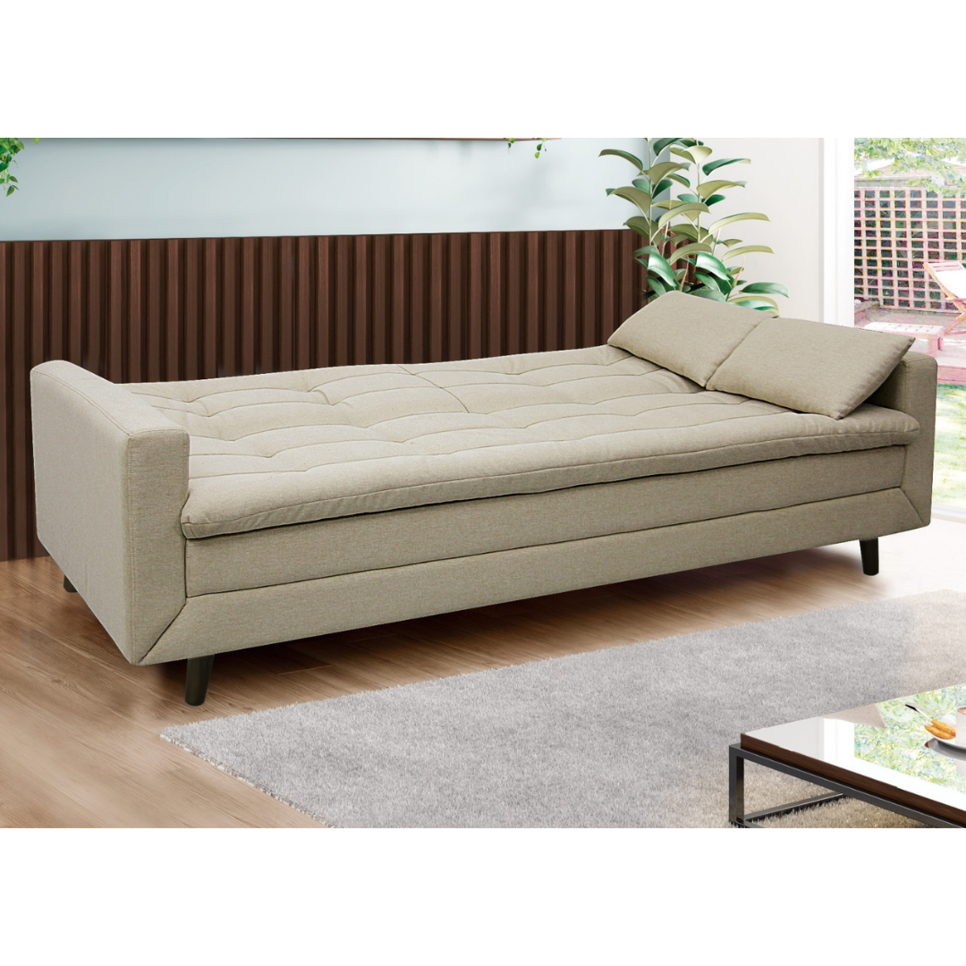 Sofá Cama New Jully 208cm Linoforte com Braços Pés em Madeira Linho Bege