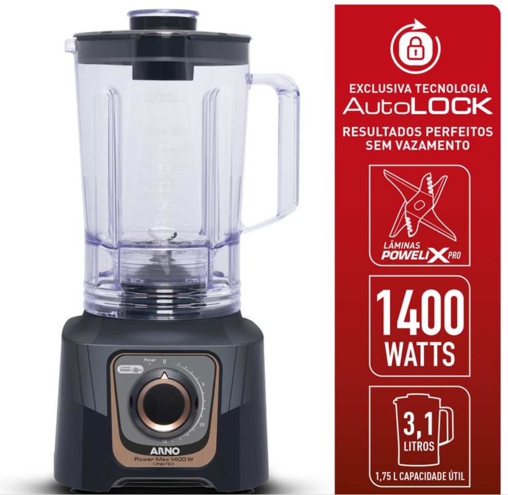 Liquidificador Arno 3,1L Power Max Autolock LN81 1400W Cinza 220V