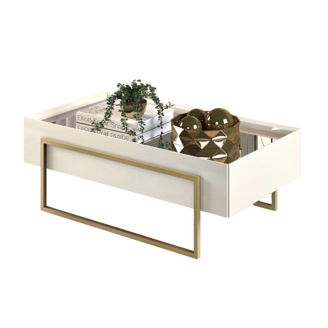 Mesa de Centro Pilar DJ Móveis 91Cm com Espelho Pé em Metal Dourado Off White