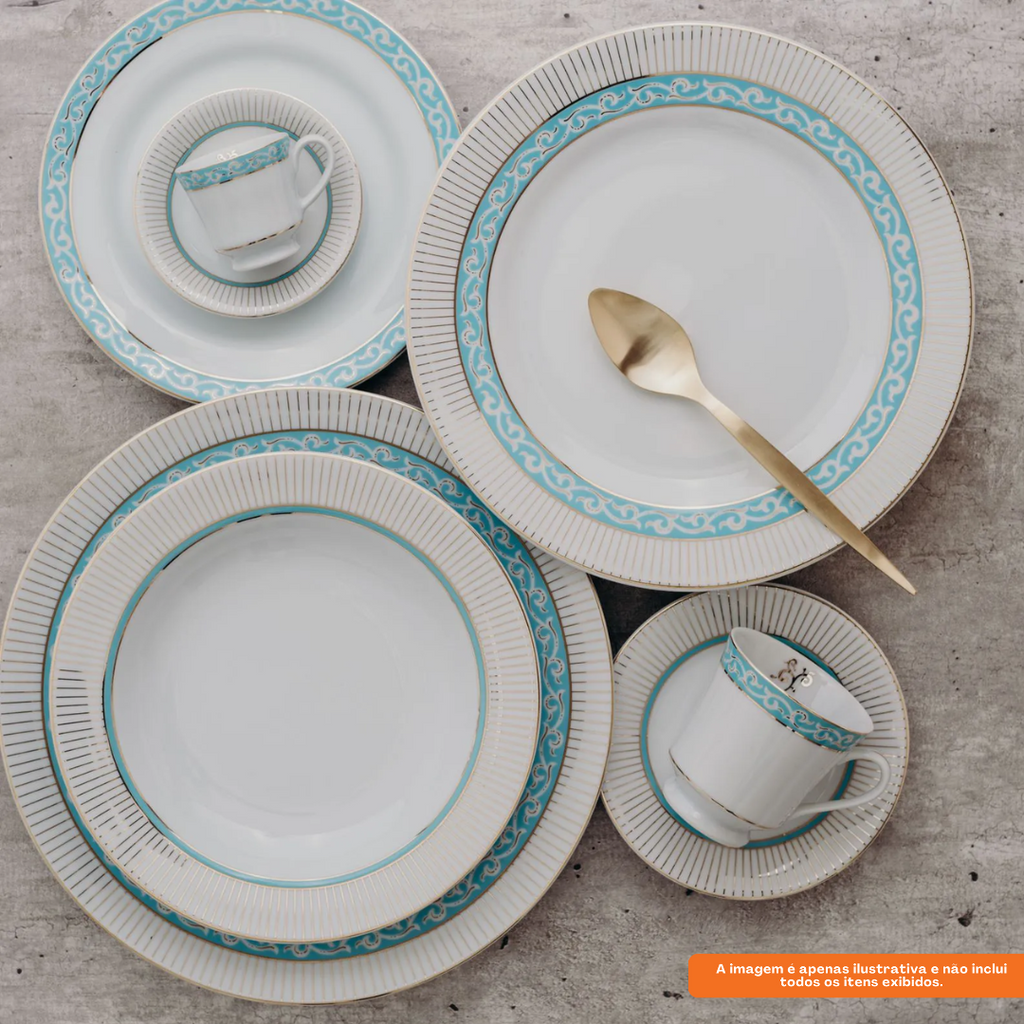 Aparelho de Jantar e Chá Schmidt 30 Peças Audrey 1ª Linha Branco com Azul