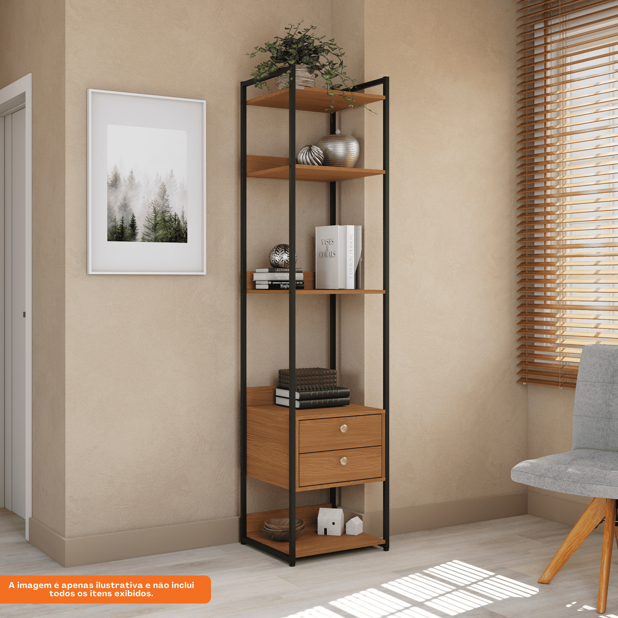 Armário Industrial Closet LI050 Kappesberg 48cm 5 Prateleiras 2 Gavetas Canela e Preto Fosco