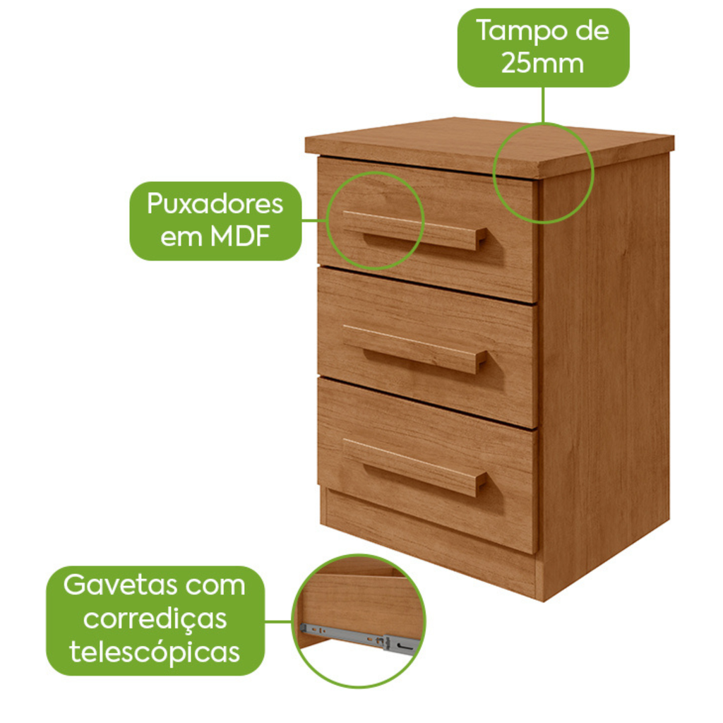 Mesa de Cabeceira Baião Lopas 3 Gavetas Amêndoa Clean