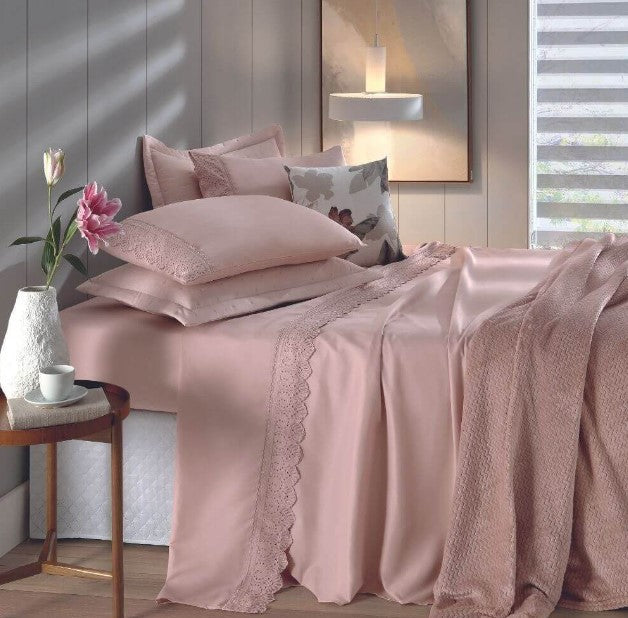 Jogo de  Roupa de Cama Casal  4 Peças  Hedrons Toque de Algodão Rendas  Rosa Tule