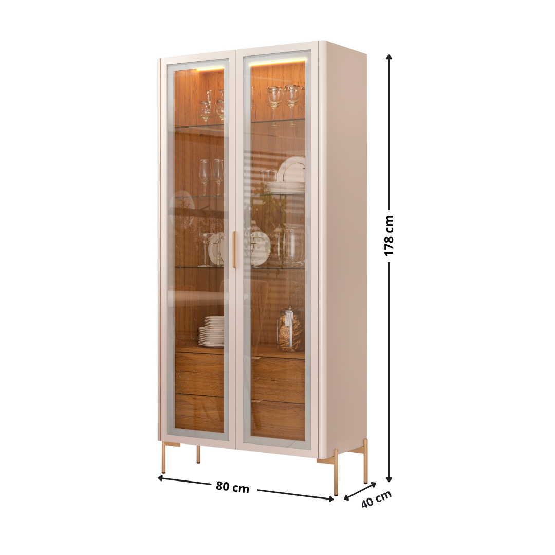Cristaleira Olivia com Led DJ Móveis 2 Portas Vidro Reflecta 2 Gavetas Off White e Freijó