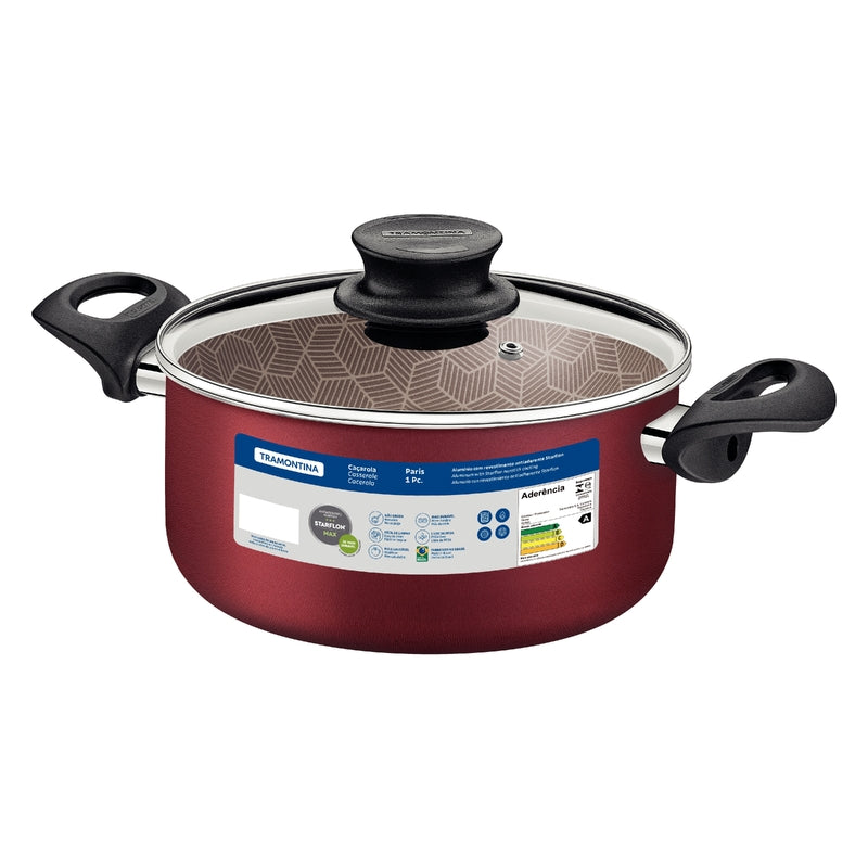 Panela Caçarola Tramontina Paris em Alumínio Starflon Max com Tampa de Vidro 28cm Vermelho