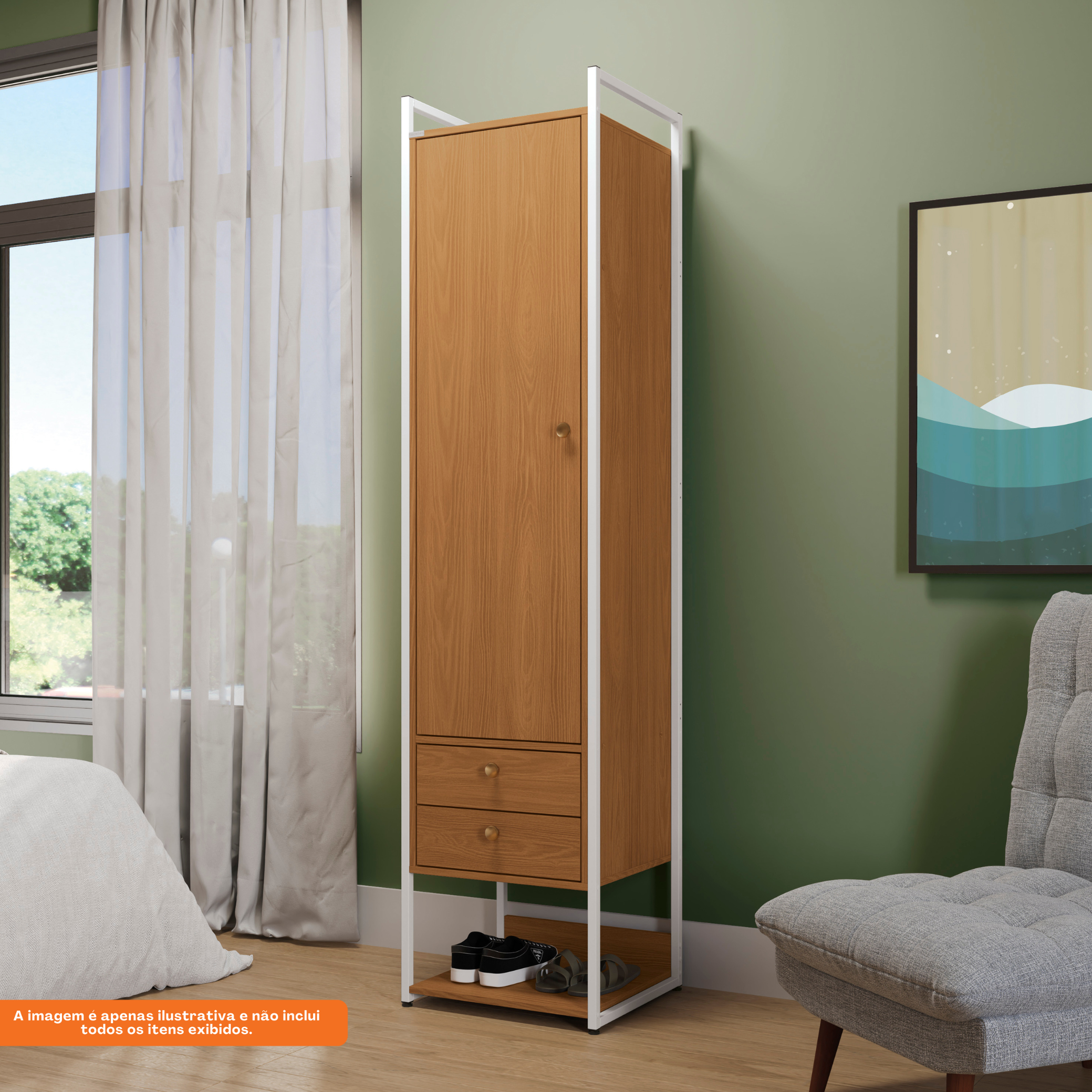 Armário Industrial Closet LI051 Kappesberg 48cm 1 Porta 2 Gavetas  Canela e Branco