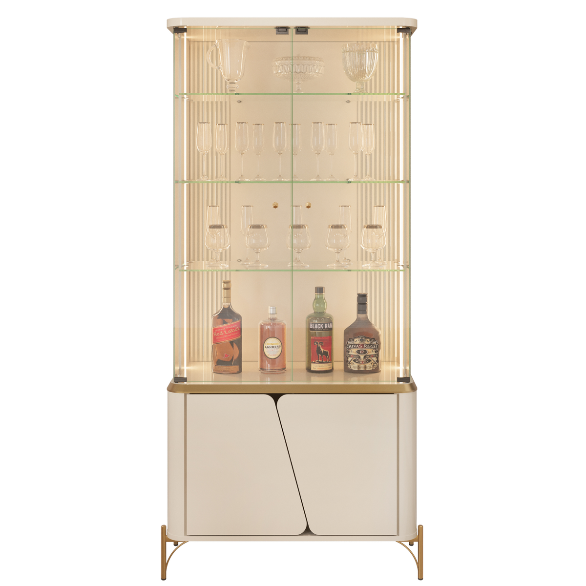 Cristaleira Liara DJ Móveis 80cm 4 Portas com LED Off White com Dourado