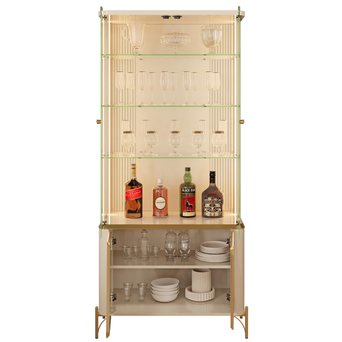 Cristaleira Liara DJ Móveis 80cm 4 Portas com LED Off White com Dourado