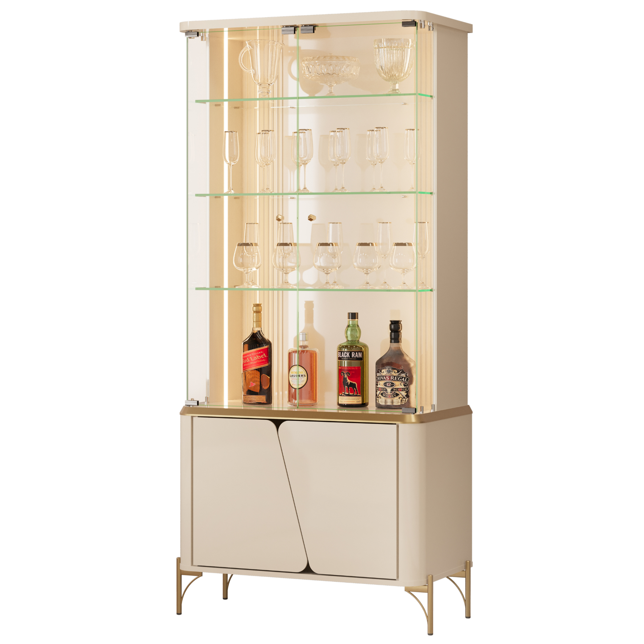 Cristaleira Liara DJ Móveis 80cm 4 Portas com LED Off White com Dourado