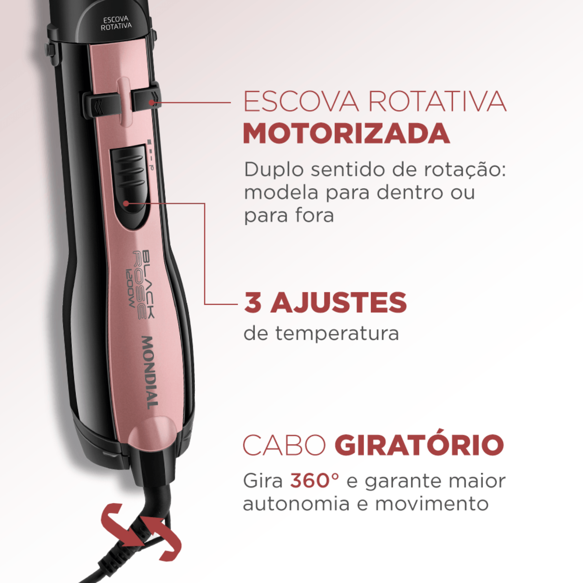 Escova Rotativa Mondial Golden 5 em 1 1200W Black Rose 220V