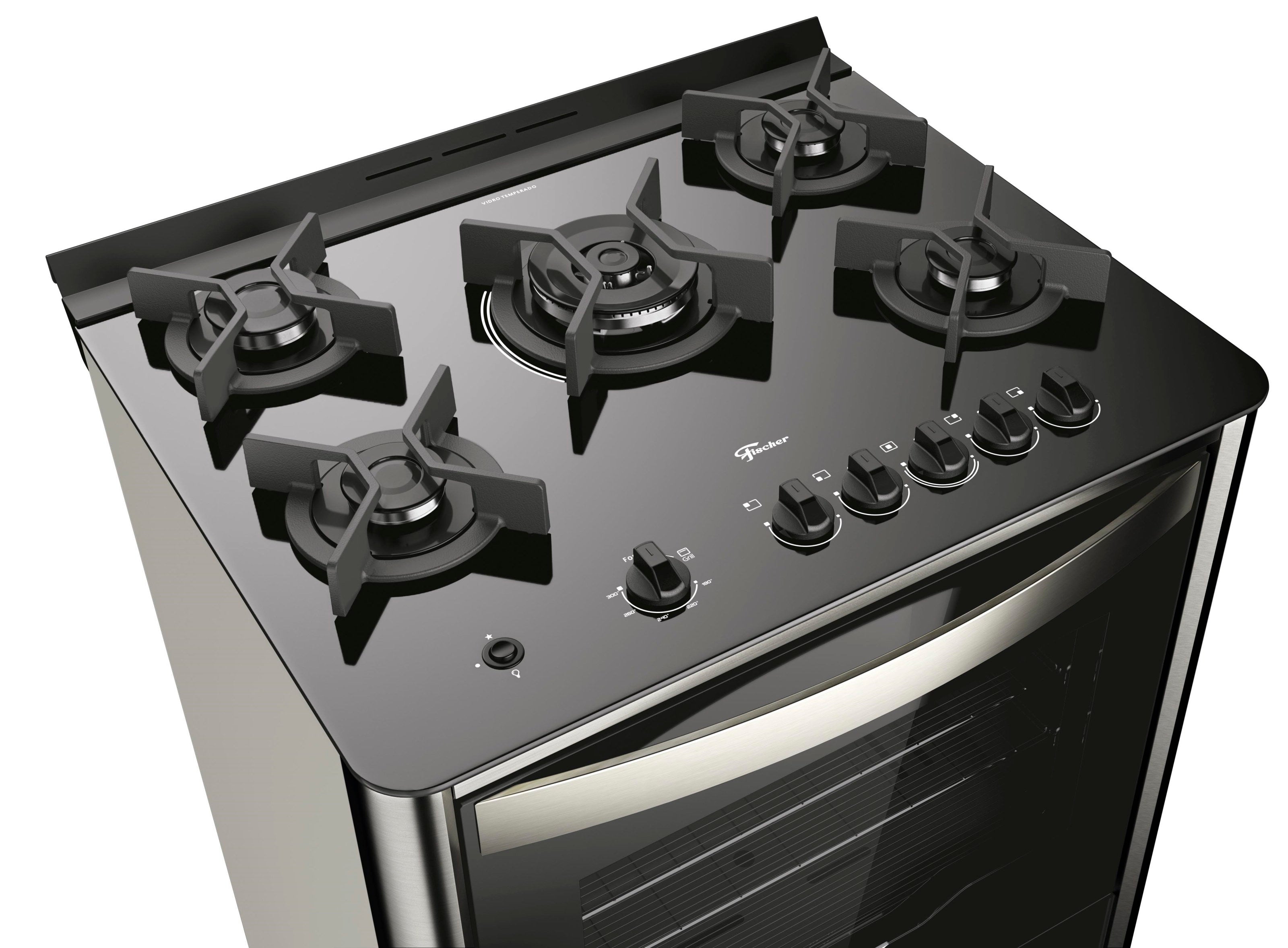 Fogão 5 Bocas Fischer de Piso Gran Cheff Tripla Chama Mesa de Vidro Inox 220V