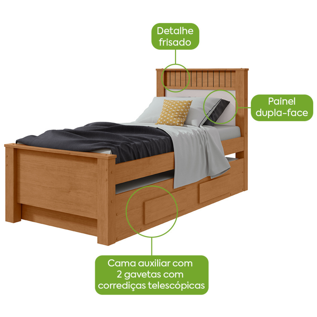 Cama Solteiro Bibox Athenas Lopas Cama Auxiliar e 2 Gavetas Amêndoa e Off White