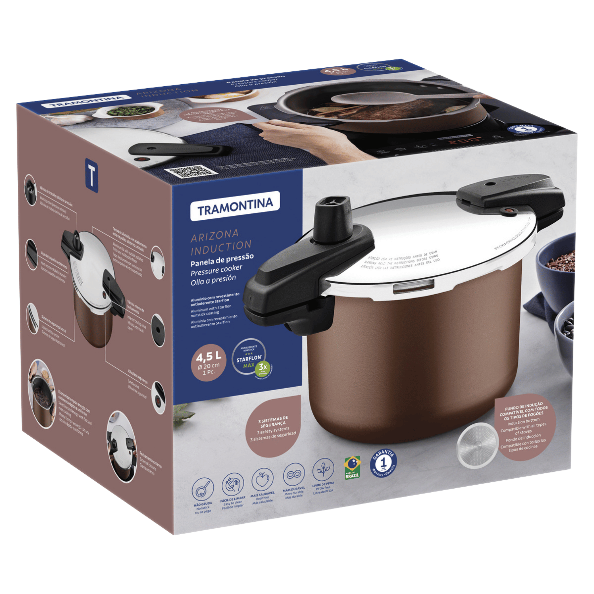 Panela de Pressão Tramontina 4,5L Arizona Indução Antiaderente Starflon Max Mocaccino