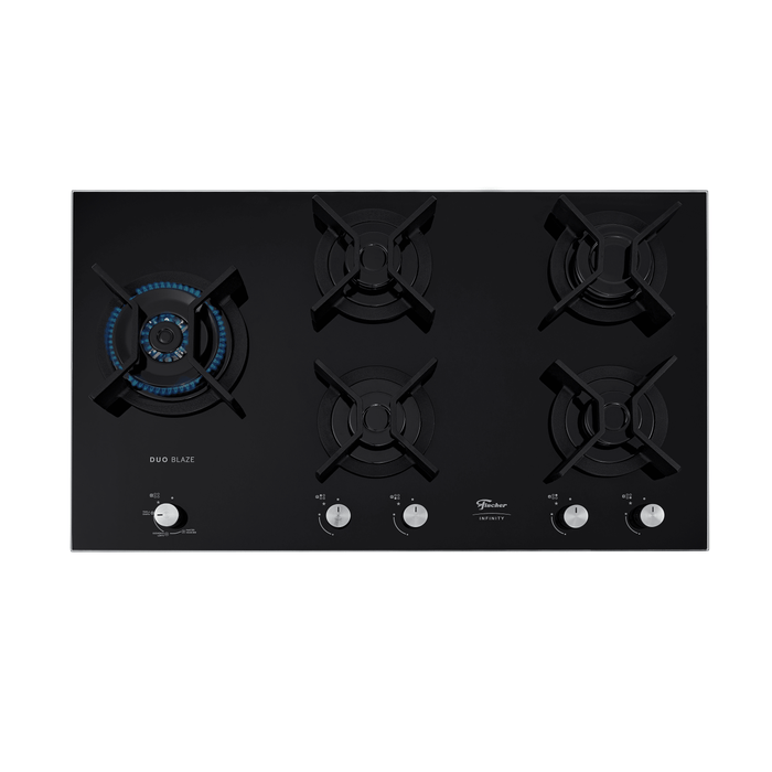 Cooktop à Gás Fischer 5 Bocas Infinity Duo Blaze Tripla Chama Mesa Vidro Preto Bivolt
