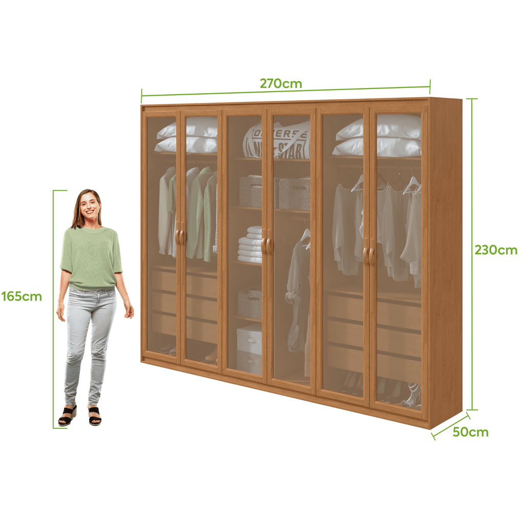 Roupeiro Suavitá Glass Lopas 270cm 100% MDF 6 Portas com Vidro Reflecta e LED Amêndoa Clean
