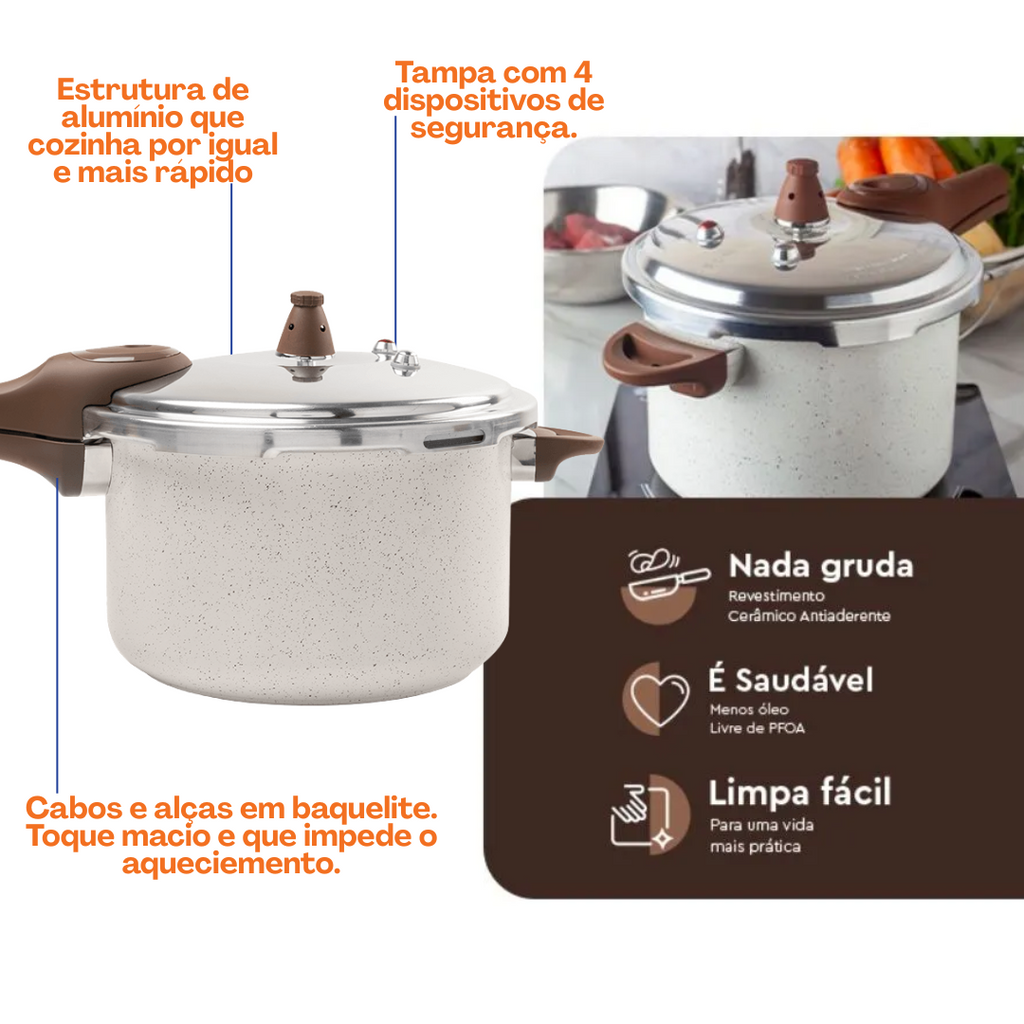 Panela de Pressão Ceramic Life Brinox 6,8L Indução Pressure Vanilla