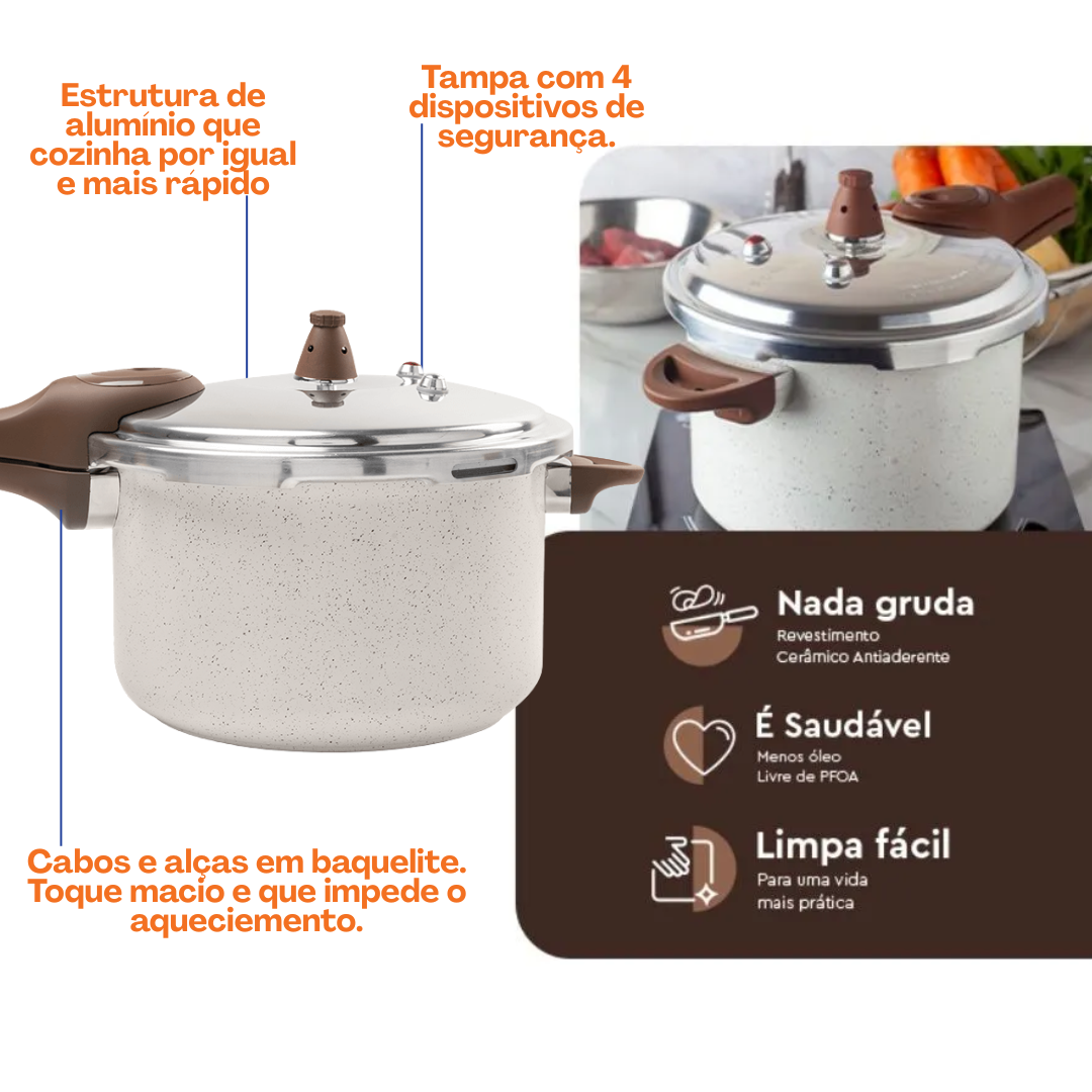 Panela de Pressão Ceramic Life Brinox 6,8L Indução Pressure Vanilla